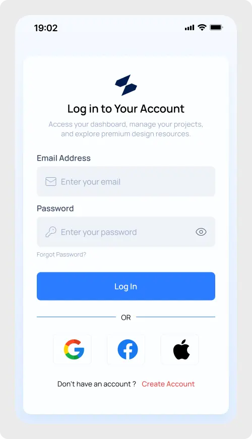 A Modern Mobile Login UI Component featuring email and password fields with social login integration.