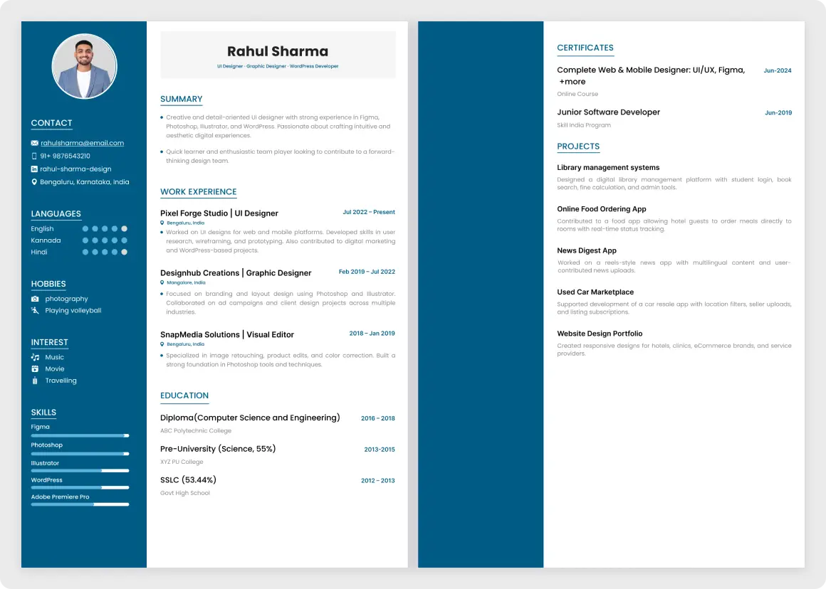 Premium professional Figma resume template showing a two-page layout with a blue sidebar for skills and a white main area for work experience.