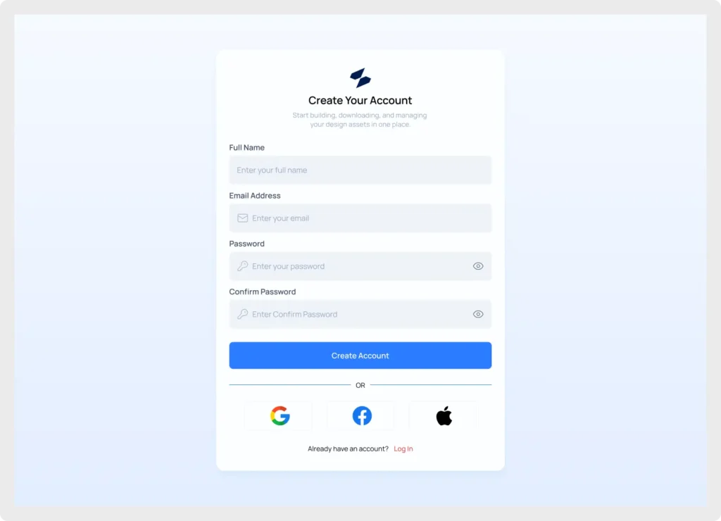 A Modern Registration Form UI with email signup and social authentication buttons for Figma.