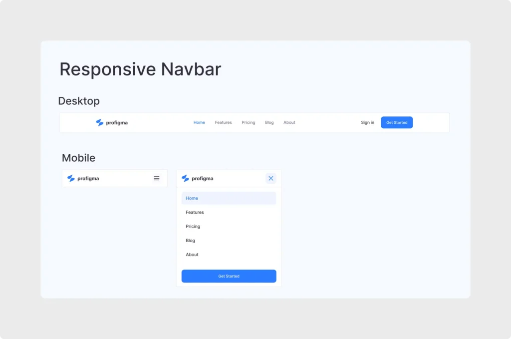Figma Responsive Navbar UI Kit showing desktop navigation with logo, links and CTA, plus mobile collapsed and expanded hamburger menu states