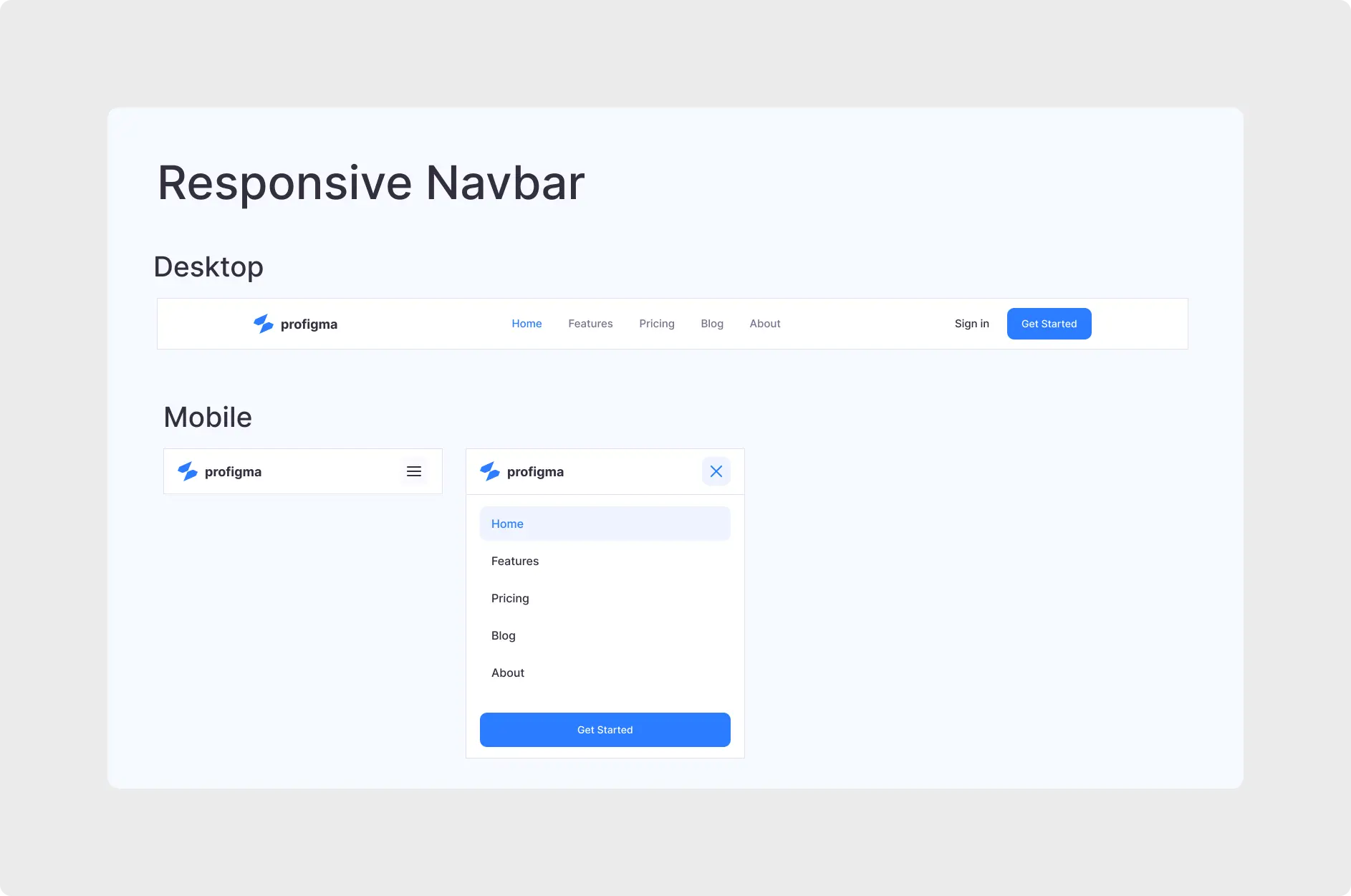 Figma Responsive Navbar UI Kit showing desktop navigation with logo, links and CTA, plus mobile collapsed and expanded hamburger menu states