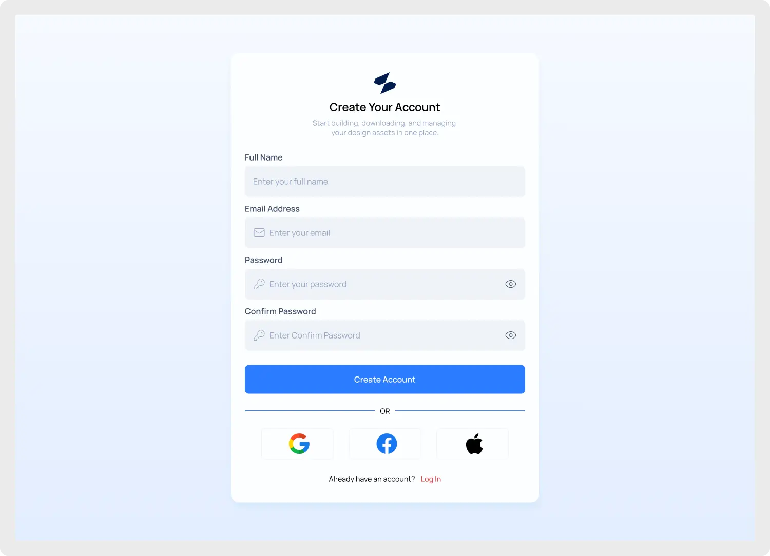 A Modern Registration Form UI with email signup and social authentication buttons for Figma.