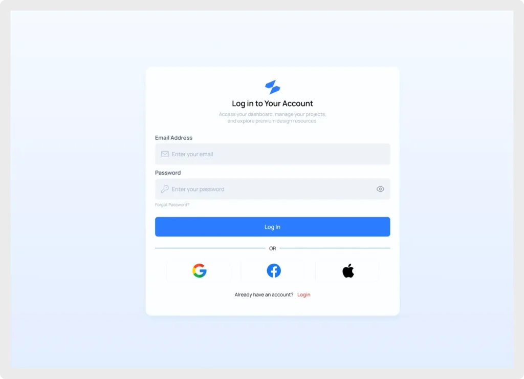 Modern Login UI Component featuring email fields and social login buttons for Google, Facebook, and Apple.