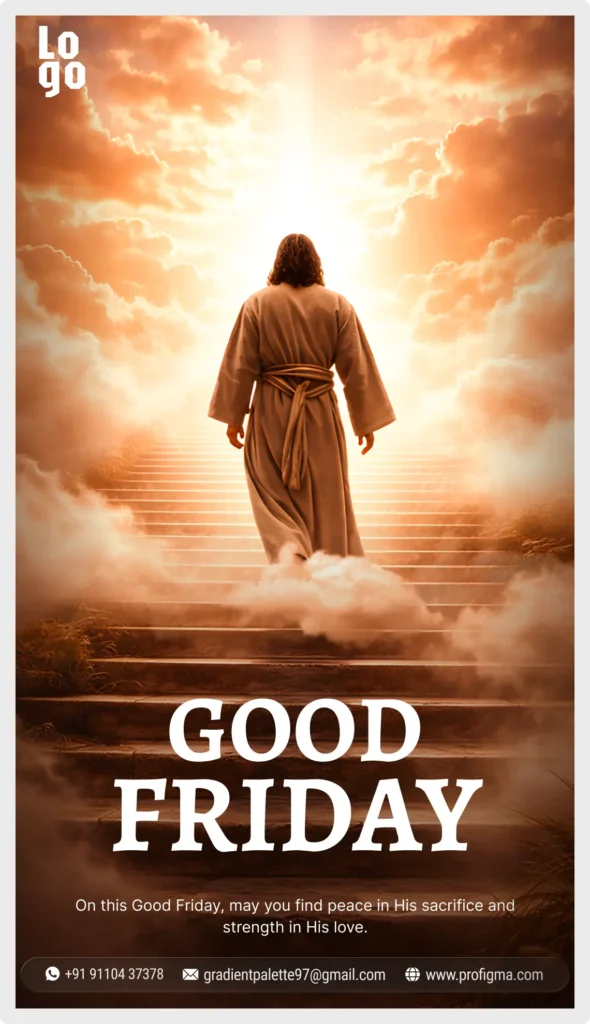 Premium Good Friday vertical template for Figma featuring a 1080x1920 design of Jesus walking up heavenly stairs for social media stories.