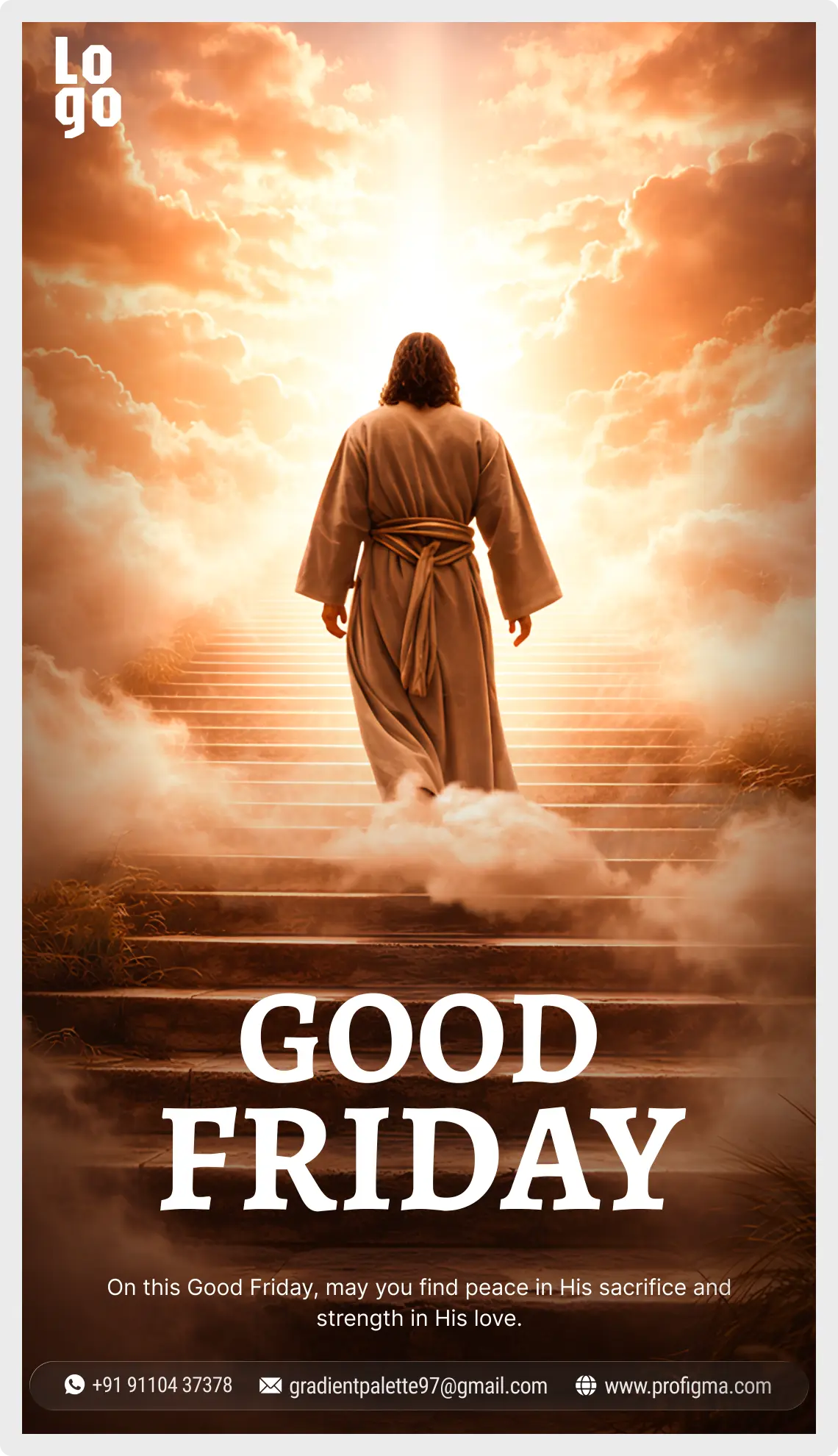 Premium Good Friday vertical template for Figma featuring a 1080x1920 design of Jesus walking up heavenly stairs for social media stories.