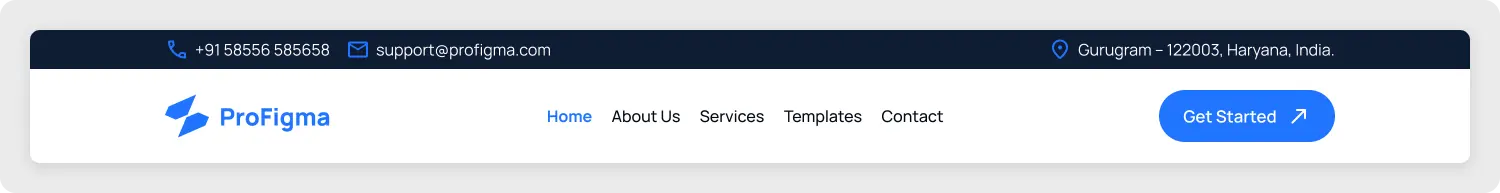 Premium corporate website header UI design for Figma showing a top contact bar and a clean main navigation menu with a primary call-to-action button.