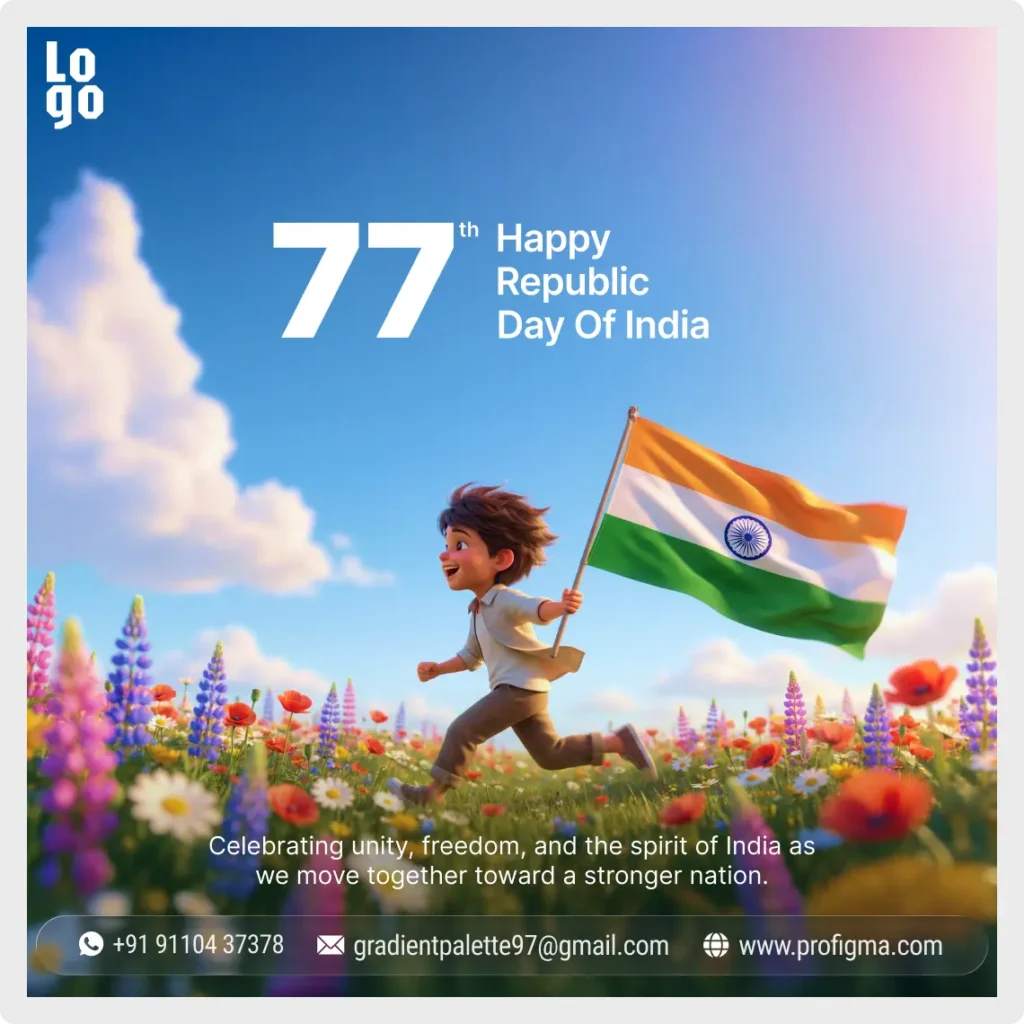 Premium Republic Day social media template design for Figma featuring a 3D animated boy running with the Indian flag in a field of flowers.