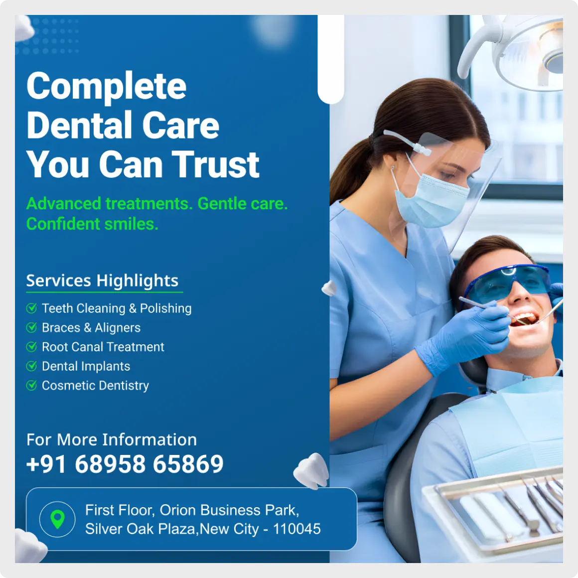 Premium Dental Clinic Social Media Template for Figma featuring a modern layout with a dentist, services list, and contact details.