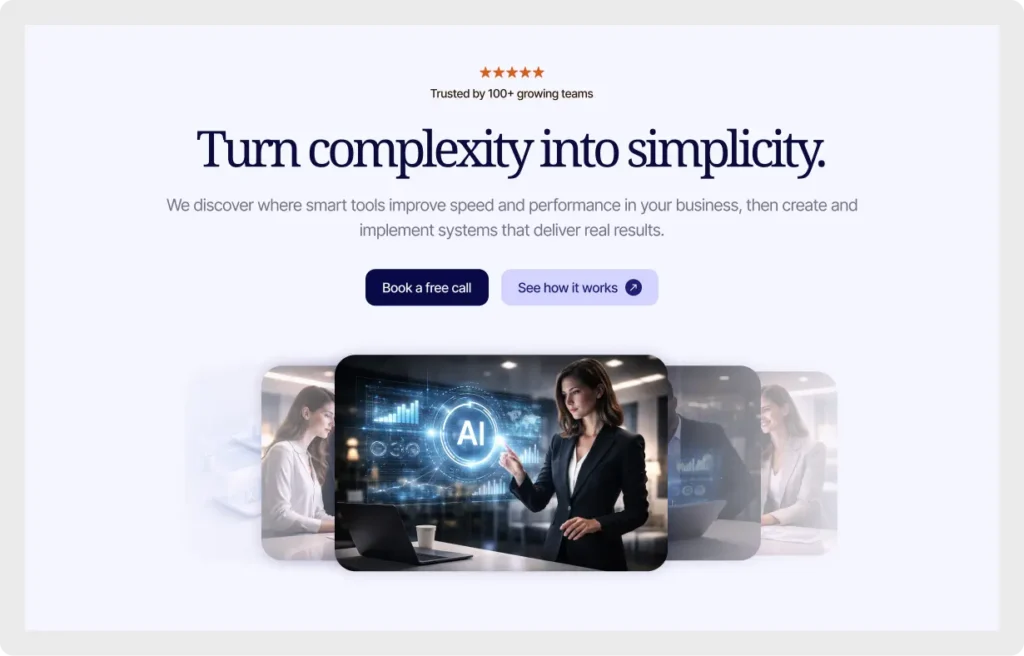 Premium SaaS Hero Section UI design for Figma featuring a star rating, dual CTA buttons, and a tech-focused image carousel.