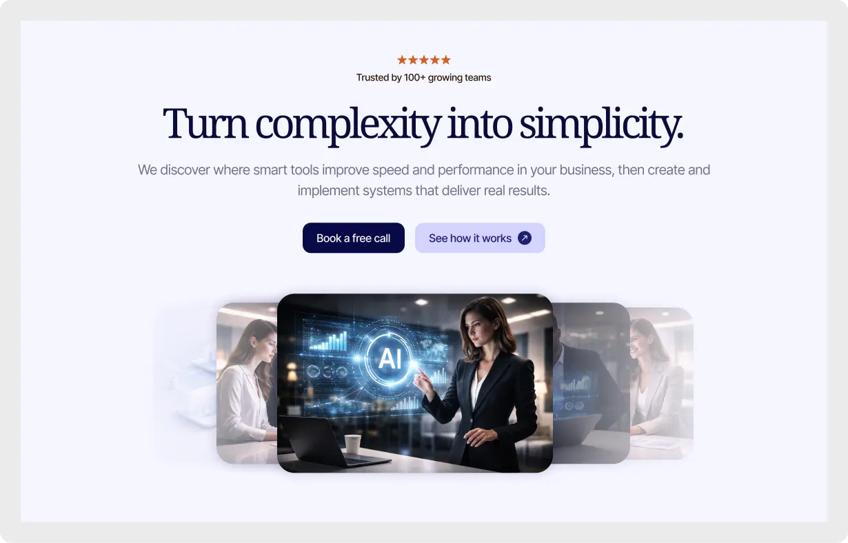 Premium SaaS Hero Section UI design for Figma featuring a star rating, dual CTA buttons, and a tech-focused image carousel.