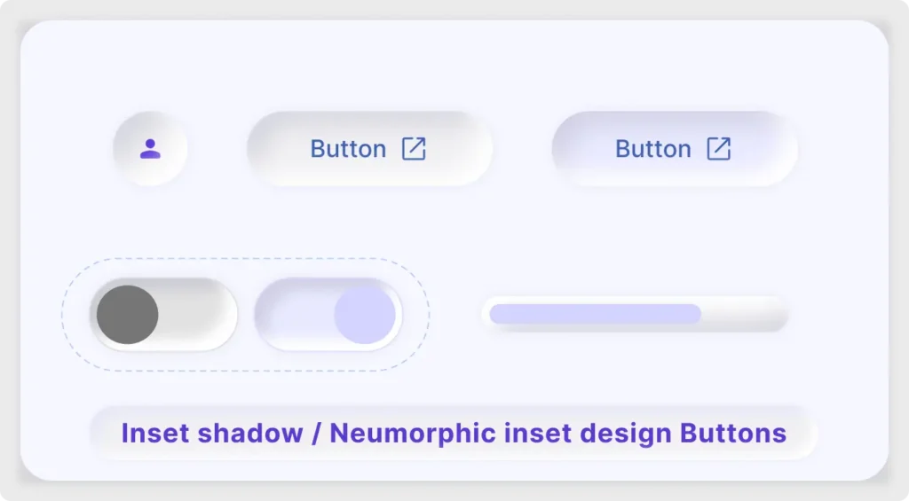 Premium Neumorphic Button UI Kit for Figma showcasing soft inset shadow buttons, toggle switches, and a progress bar.