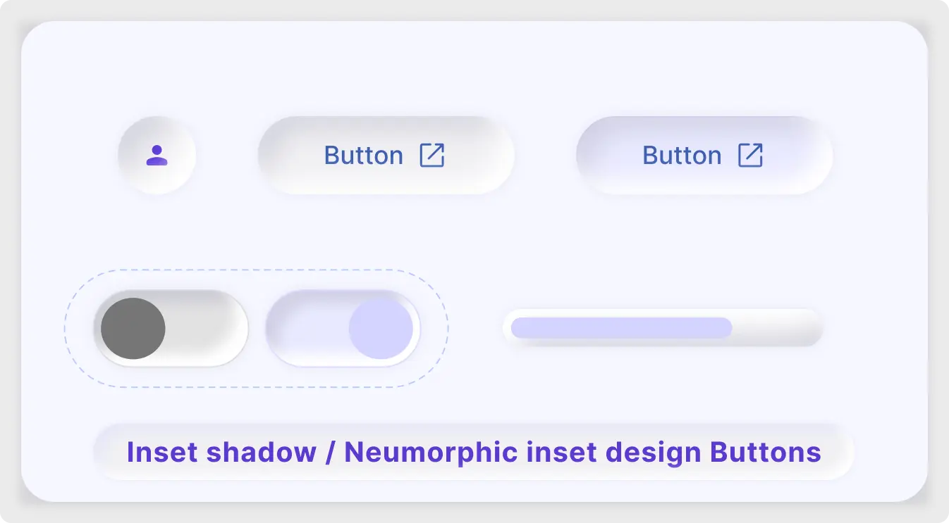 Premium Neumorphic Button UI Kit for Figma showcasing soft inset shadow buttons, toggle switches, and a progress bar.
