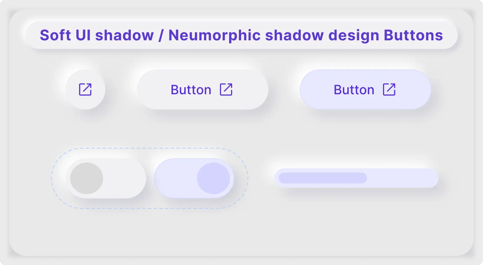 Premium Soft UI Button Components for Figma showcasing extruded neumorphic shadow buttons, toggle switches, and a progress bar.