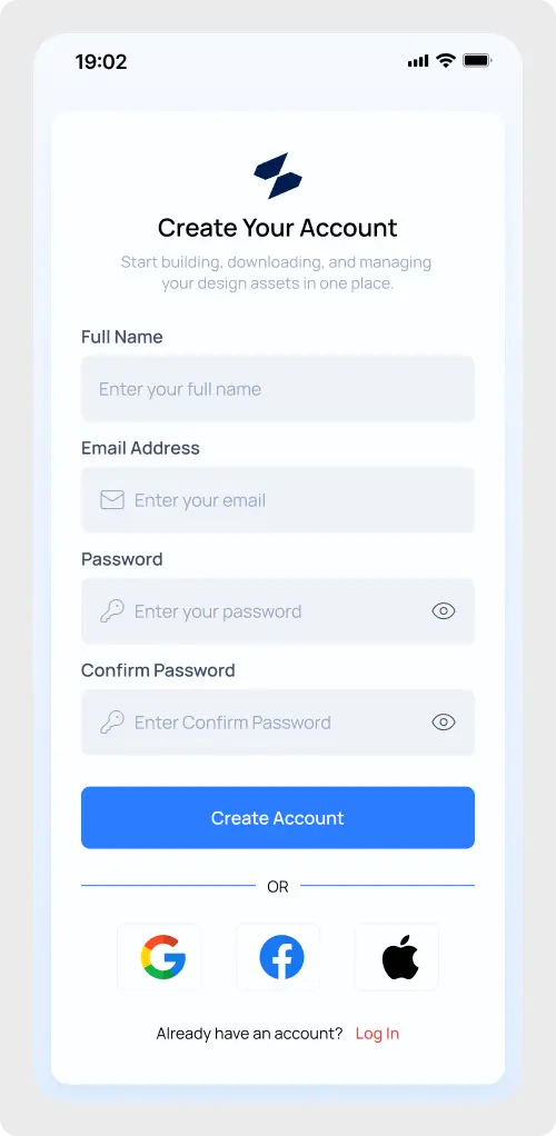 Premium Mobile Sign Up Screen UI featuring registration form fields and social login buttons.