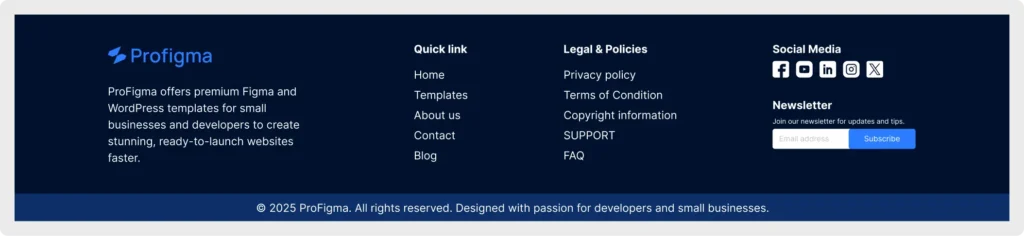 Premium dark mode website footer UI for Figma featuring quick links, legal policies, social media icons, and a newsletter subscription form.