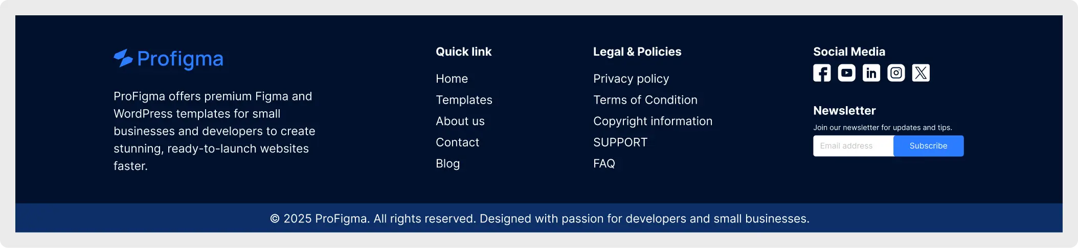 Premium dark mode website footer UI for Figma featuring quick links, legal policies, social media icons, and a newsletter subscription form.