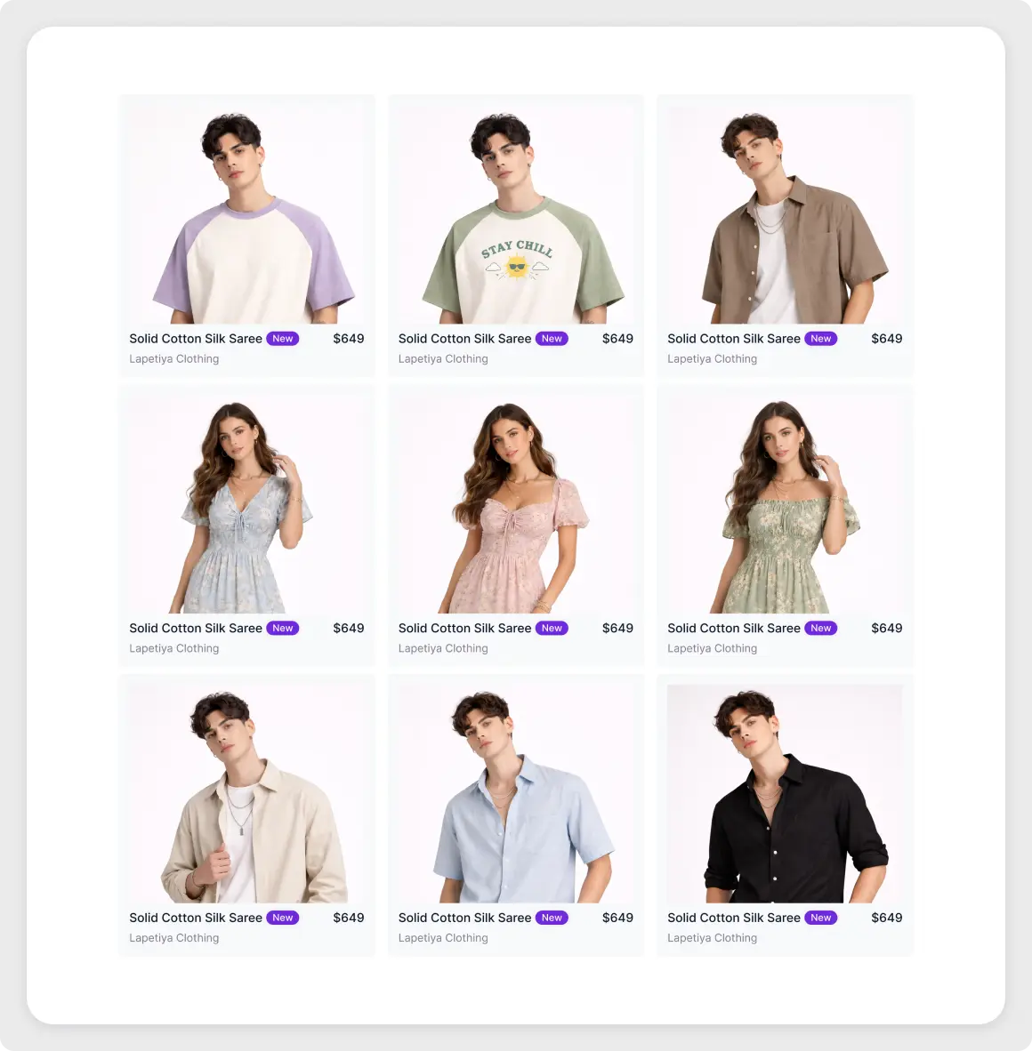 Premium E-commerce Product Grid UI design for Figma featuring a 3x3 layout of fashion clothing with pricing, brand names, and new item badges.