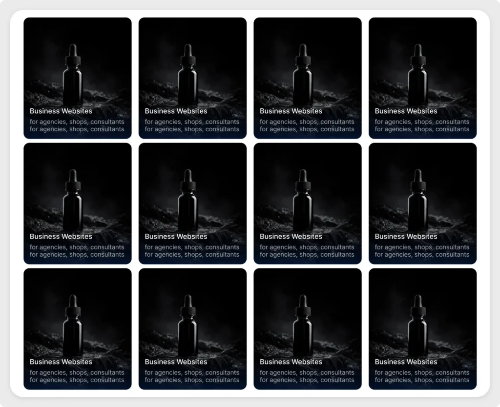 Premium dark mode portfolio grid UI design for Figma featuring a 4x3 layout of dark glass bottles and business website service descriptions.