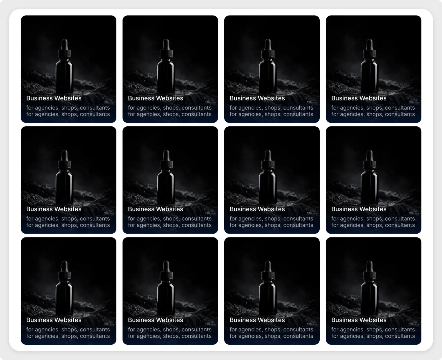 Premium dark mode portfolio grid UI design for Figma featuring a 4x3 layout of dark glass bottles and business website service descriptions.