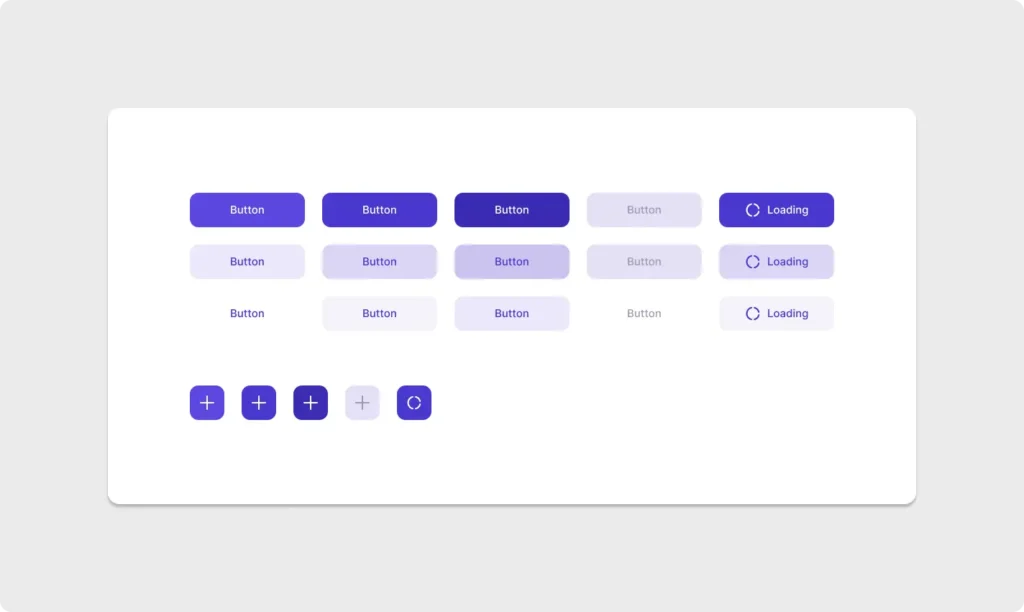 Figma Button Component UI Kit showing filled, soft, and ghost button styles with loading and disabled states in purple on a white background