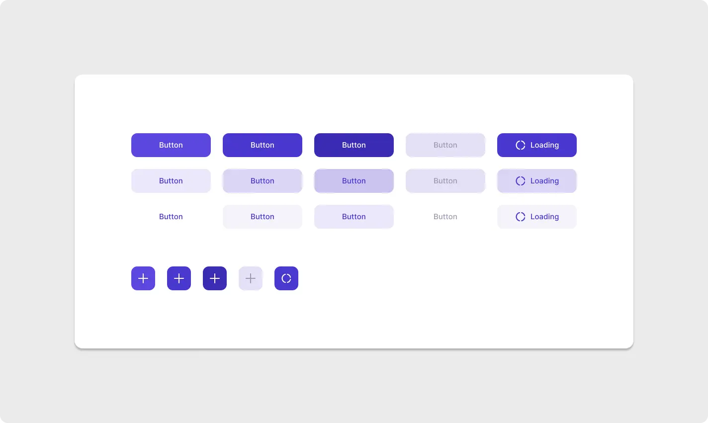 Figma Button Component UI Kit showing filled, soft, and ghost button styles with loading and disabled states in purple on a white background