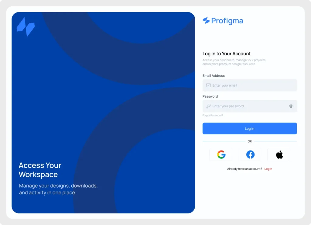 Premium web login screen UI design for Figma featuring a modern split-screen layout with email and password input fields.