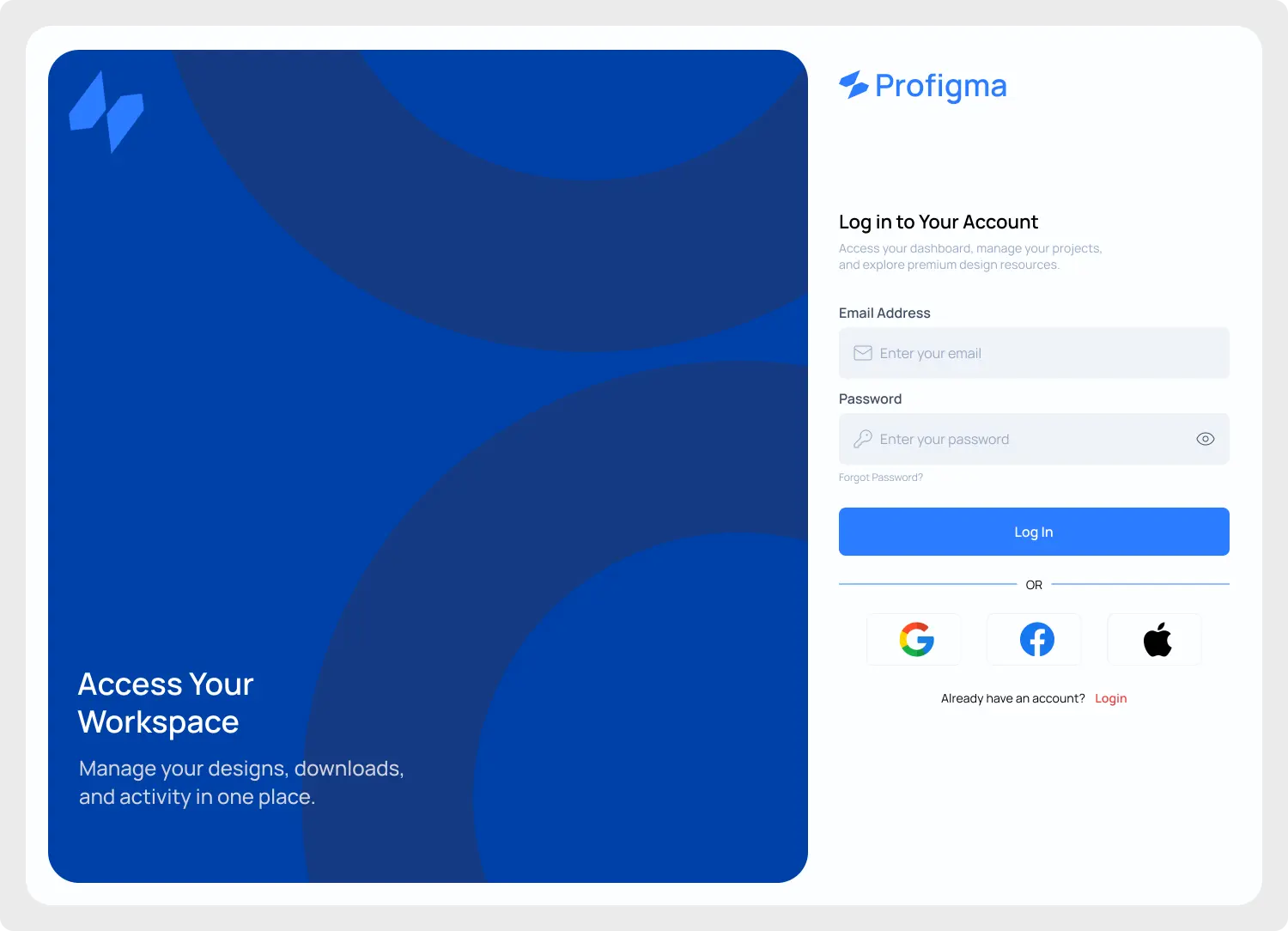 Premium web login screen UI design for Figma featuring a modern split-screen layout with email and password input fields.