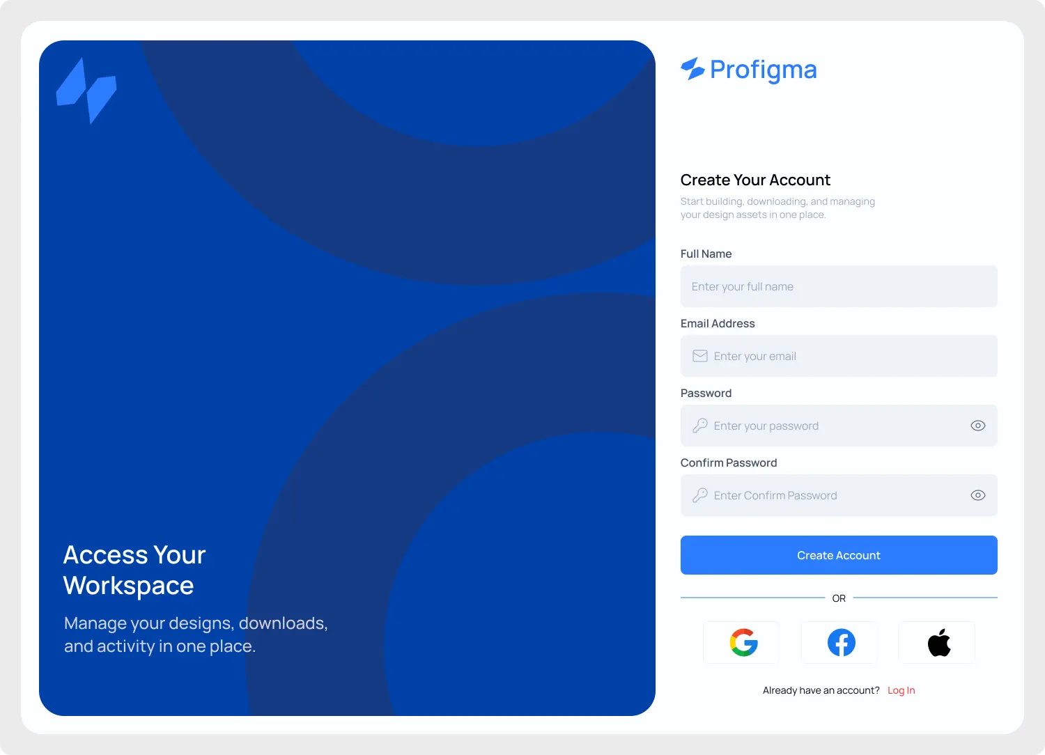Premium web sign up screen UI design for Figma showing a modern split-screen layout with full name, email, and password registration fields.