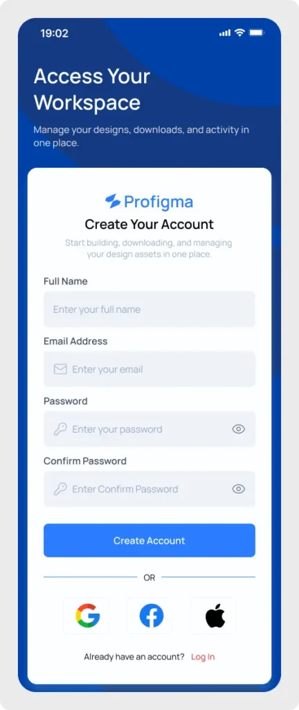 Premium mobile app registration UI design for Figma featuring a modern blue header and full account creation form fields on a clean white card.