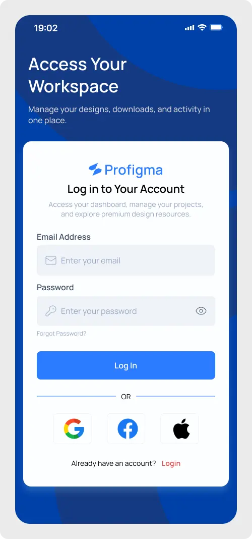 Premium mobile app login UI design for Figma featuring a modern blue header with email and password input fields on a clean white card.