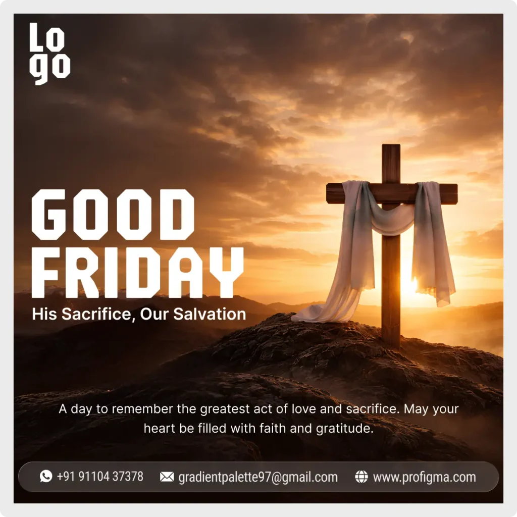Premium Good Friday social media poster design for Figma featuring a cross on a hill at sunset, sized at 1080x1080 pixels.