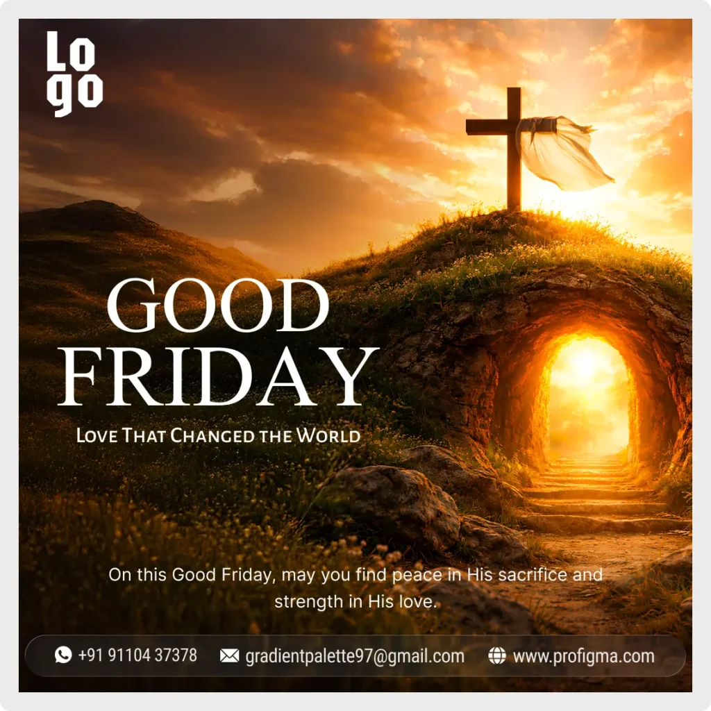Premium Good Friday social media template for Figma featuring an empty tomb, a cross, and customizable contact details.