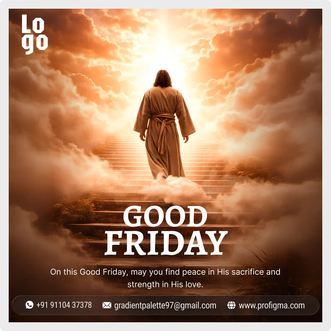 Premium Good Friday Instagram post template for Figma featuring a spiritual design of Jesus walking into heavenly light, with editable contact details.