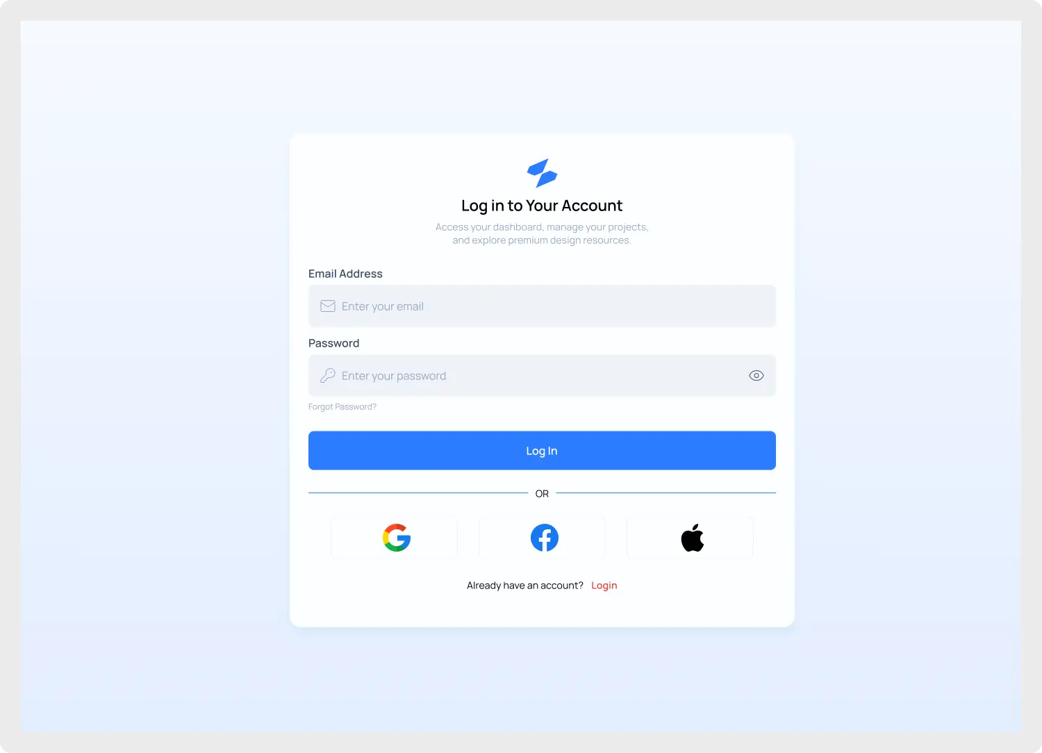 Modern Login UI Component featuring email fields and social login buttons for Google, Facebook, and Apple.