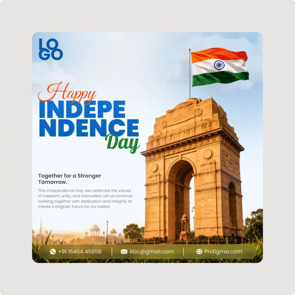 Independence Day Poster Template featuring India Gate, Indian flag, and editable patriotic social media design in Figma.