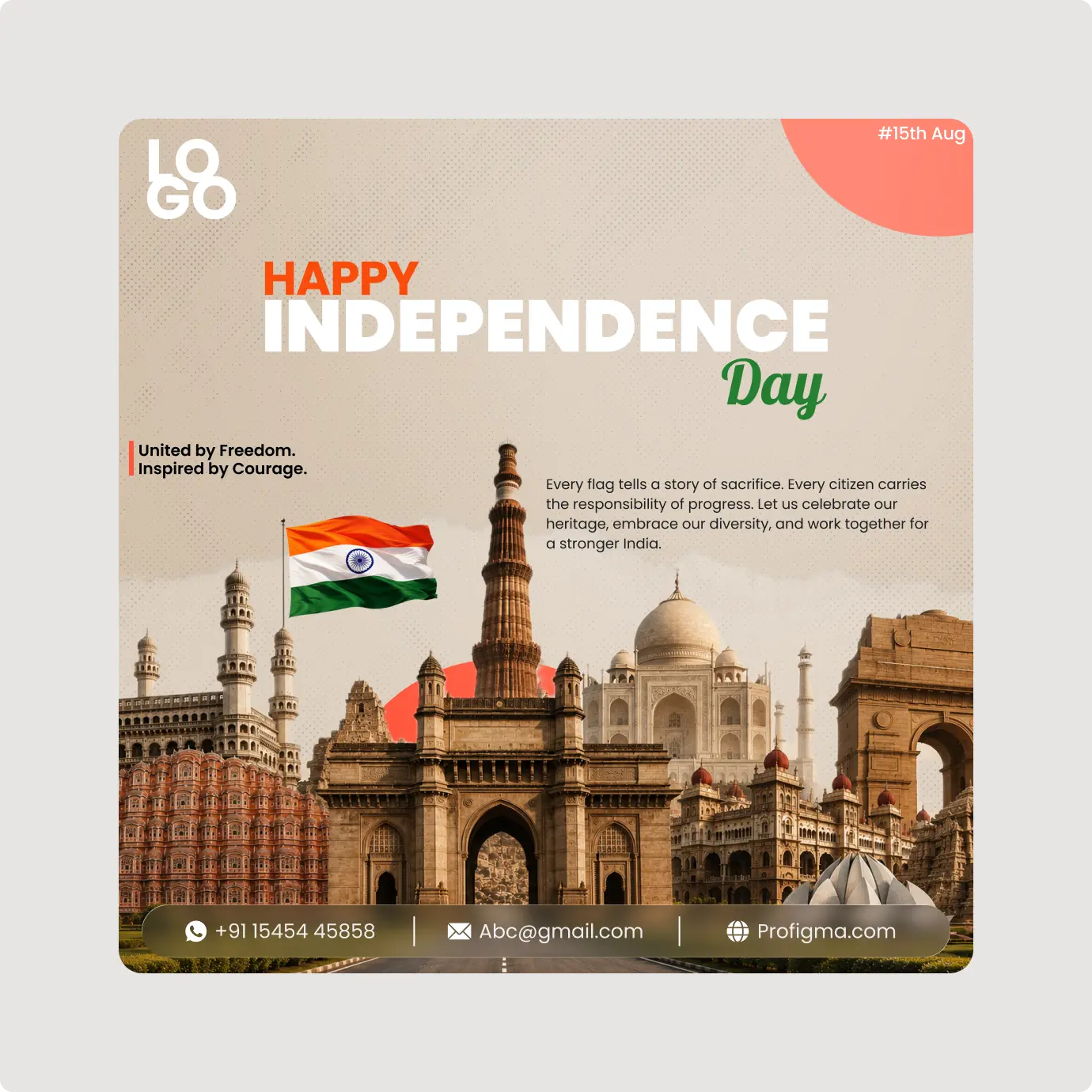 Premium Independence Day Social Media Banner template featuring Indian monuments and tricolor theme for Figma