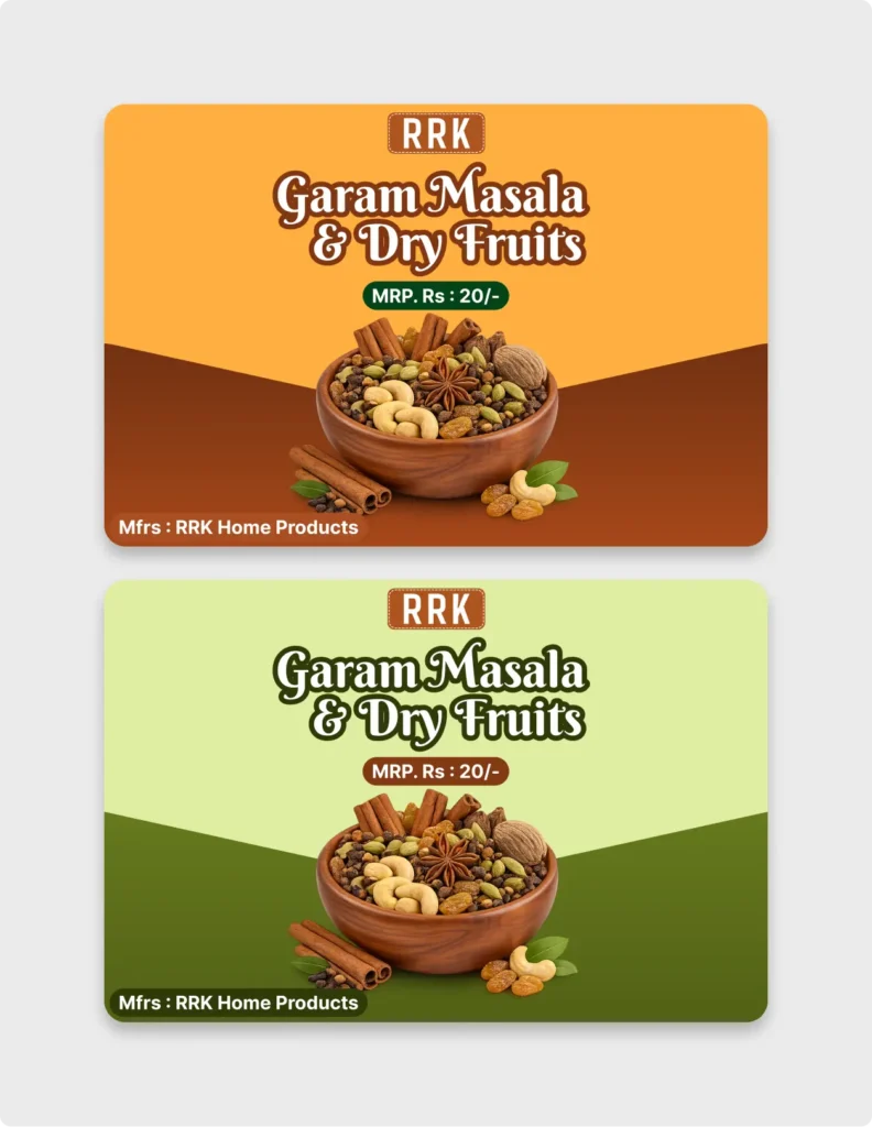 Spice and Dry Fruit Packaging UI design template featuring two color variants in orange and green for Figma.