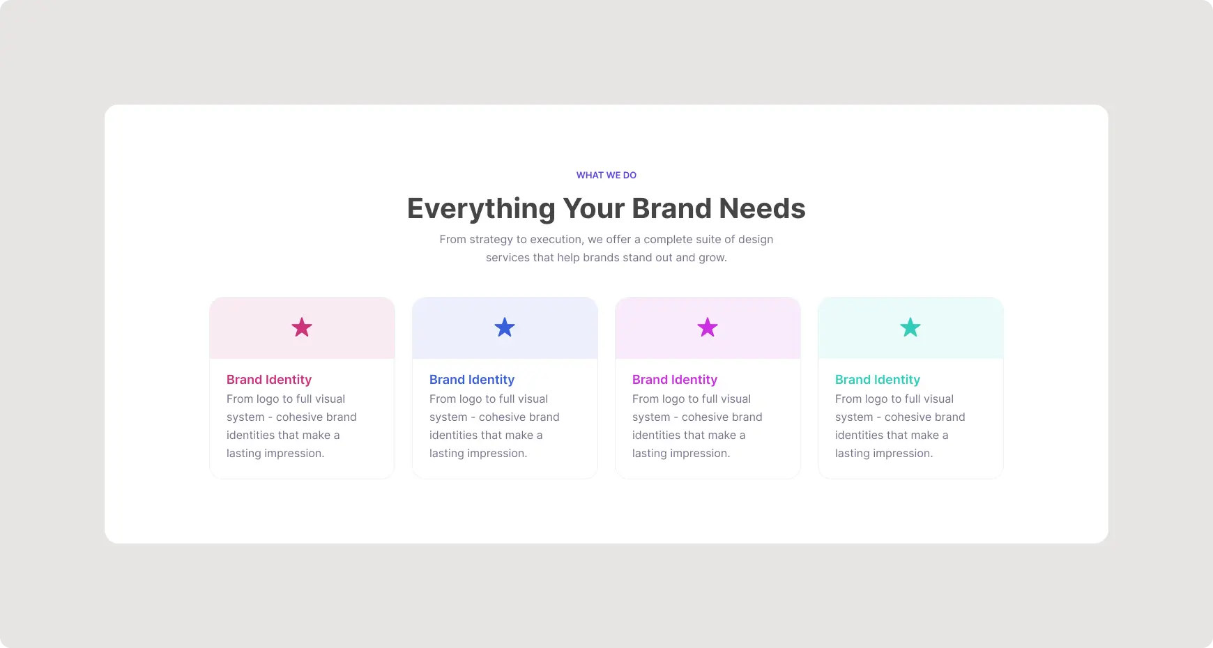 Brand Services Cards UI showing four modern service cards with colorful icons, clean typography, and a professional agency website layout in Figma.