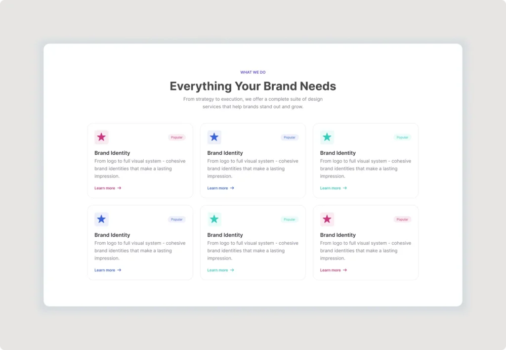 Brand Services Section UI featuring six clean service cards, colorful icons, popular badges, and a modern agency website layout in Figma.