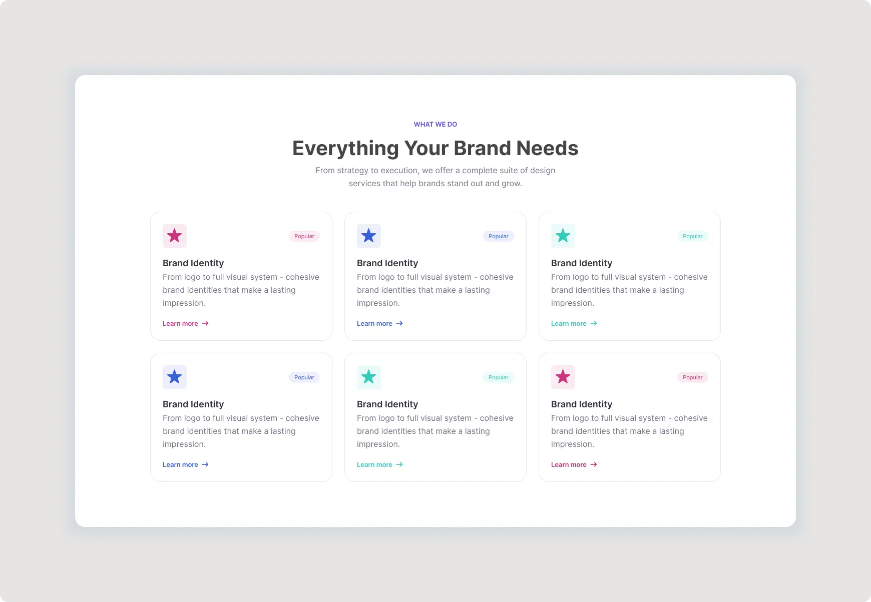 Brand Services Section UI featuring six clean service cards, colorful icons, popular badges, and a modern agency website layout in Figma.