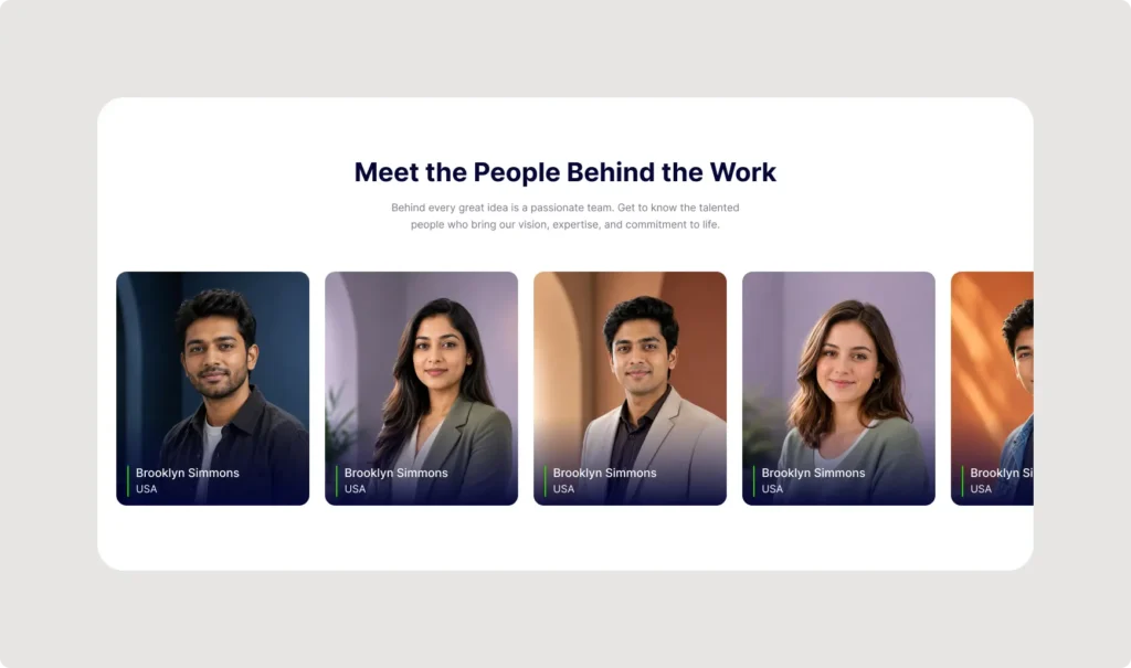 Team Members Section UI featuring professional profile cards with portraits, names, locations, and a modern website layout in Figma.