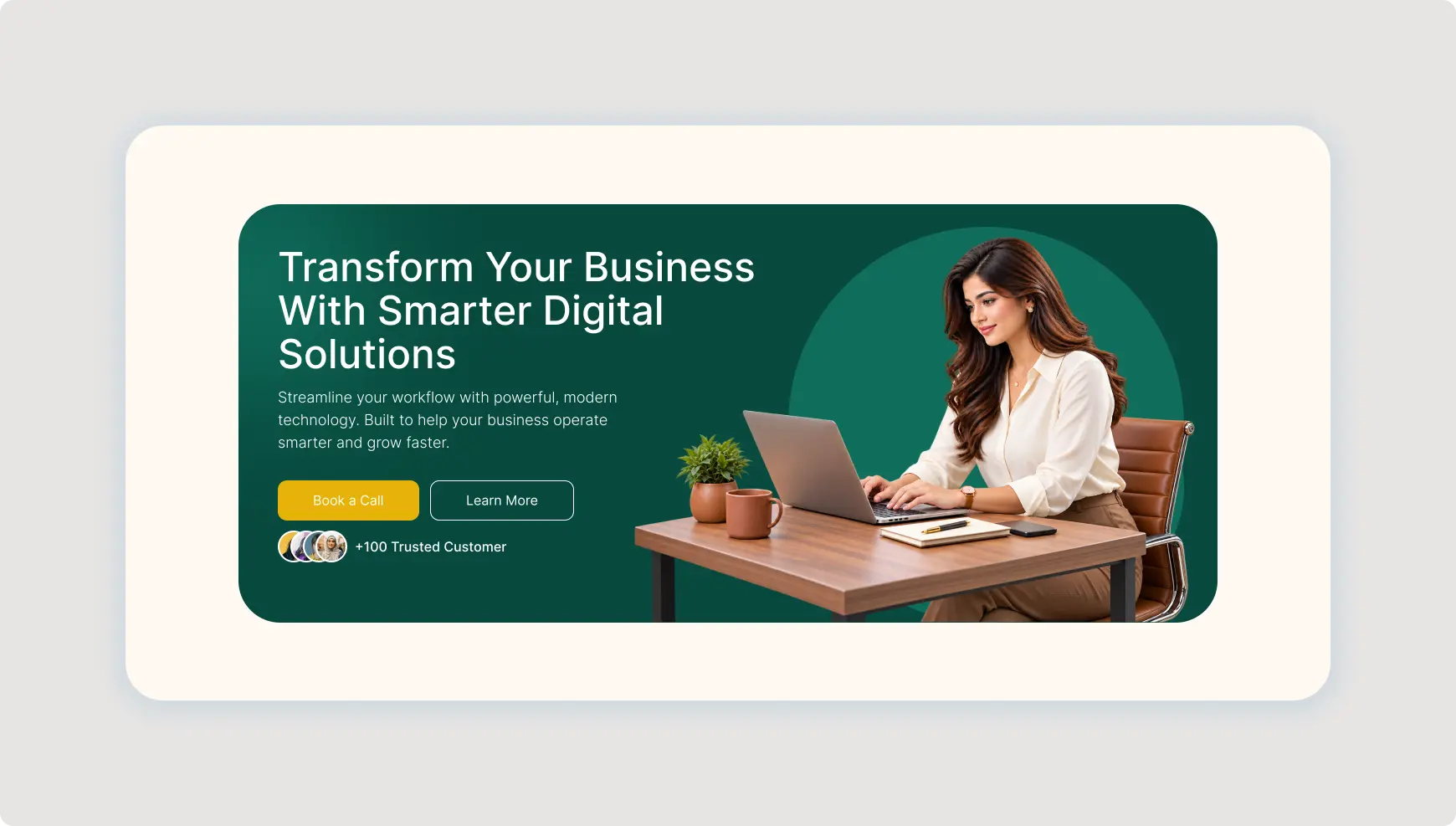 Business Website Hero Section UI with a modern digital solutions headline, CTA buttons, trusted customer avatars, and professional workspace image.